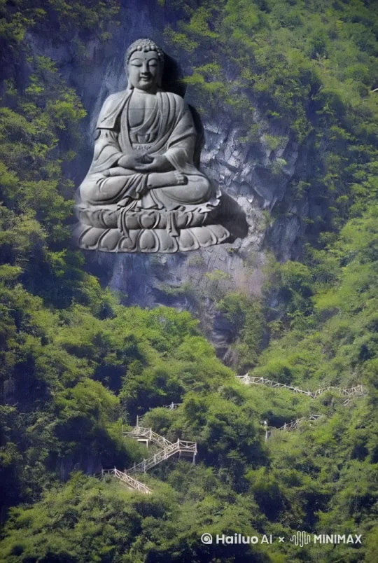 视频中一尊佛像从莲花底座上缓缓站起，周身笼罩着柔和的佛光。
镜头从莲台底部仰视：佛像双手合十，指尖泛着微光，头微微低垂，眉眼慈悲，似在俯瞰众生。
莲瓣随佛像起身的动作逐层绽放，金色光芒如水波荡漾，背景云雾缭绕，隐约有梵文经咒流转。
当佛像完全站立时，空中飘落无数虚幻的莲花瓣，地面浮现涟漪般的金色波纹，远处山峦隐现晨光。
整体色调以暗金、朱红与月白为主，画面充满禅意与超现实的神性美，镜头缓慢环绕佛像，最终定格于低眉垂目的庄严瞬间。 by Hailuo AI Video Generator