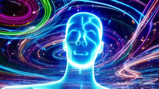 接线框,三维图形,人的头部,生物学,人造的,电子人,思考，技术,太空,粒子,大数据,计算机网络,螺线,科幻、未来、赛博朋克、全息影像、虚拟人的3D渲染与霓虹灯蓝色线和点的虚拟数据包围，元宇宙数字网络世界，人与虚拟现实，计算机神经网络，机器学习，机器人或半机械人头，计算机数据网络空间背景，未来世界的未来数字技术力量AI人工智能，人工智能(AI)、机器学习和现代计算机技术的概念，机器人在虚拟屏幕上按按钮，三维渲染 by Hailuo AI Video Generator