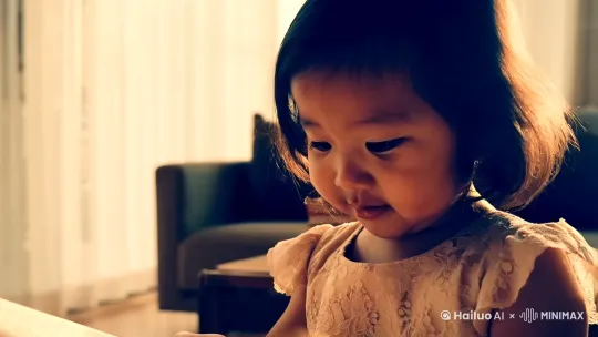 一位2岁穿着连衣裙亚洲小女孩在客厅看书，特写，背景虚化，[右摇]，坐在窗边，桌上摆放着几本书，一缕阳光照进来，画面一片宁静和美好的感觉 by Hailuo AI Video Generator
