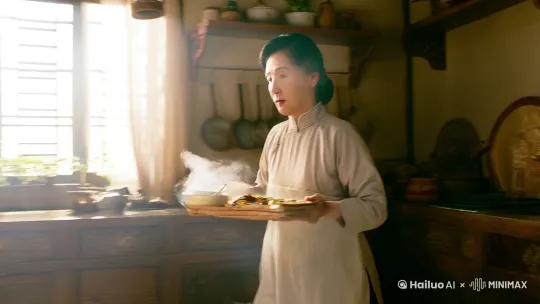 一位朴实的40岁左右的中国母亲在厨房前正准备早餐，匆忙的把早餐端到餐桌上，解开围裙，然后走动日历前 by Hailuo AI Video Generator