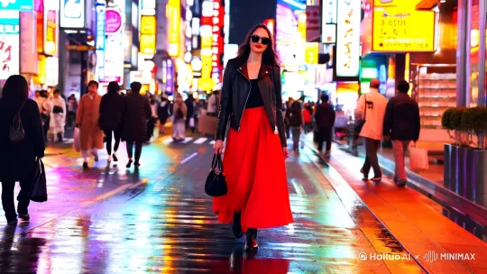 一个时髦的女人走在东京的街道上[跟随]，街道上充满了温暖发光的霓虹灯和生动的城市标志。她穿着一件黑色的皮夹克，一件红色的长裙，一双黑色的靴子，还带着一个黑色的钱包。她戴着太阳镜，涂着红色的口红。她自信而随意地走着。街道潮湿而且反光，创造了彩色灯光的镜面效果。许多行人走来走去[变焦拉远]。 by Hailuo AI Video Generator