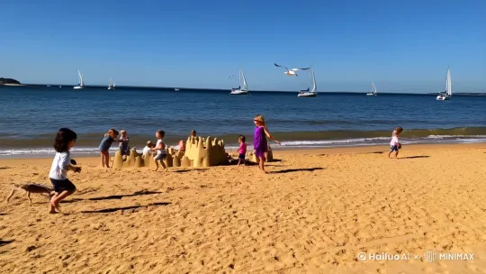 阳光明媚的夏日，金色的沙滩上，海浪轻轻拍打着岸边。孩子们在沙滩上奔跑，堆砌沙堡。远处，几艘帆船在海面上缓缓航行，天空中有几只海鸥飞翔。 by Hailuo AI Video Generator