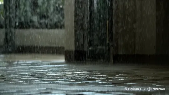 外面下着大雨，雨滴打在瓦片上。 by Hailuo AI Video Generator