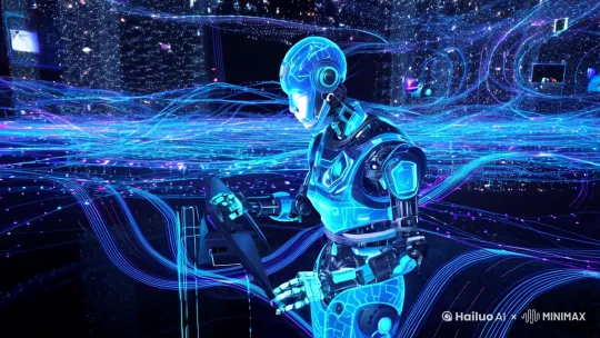 三维图形,生物学,电子人,思考，技术,大数据,计算机网络,粒子，科幻、未来、全息影像、一个虚拟人的3D渲染与霓虹灯蓝色线和点的虚拟数据包围，元宇宙数字网络世界，人与虚拟现实，计算机神经网络，机器人或半机械人头，计算机数据网络空间背景，未来世界的未来数字技术力量AI人工智能，机器学习和现代计算机技术的概念，机器人在虚拟屏幕上按按钮，三维渲染 by Hailuo AI Video Generator