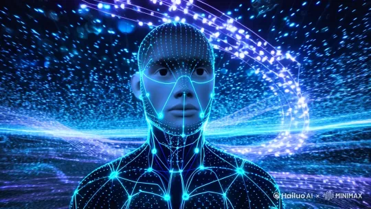 三维图形,生物学,电子人,思考，技术,大数据,计算机网络,粒子，科幻、未来、全息影像、一个虚拟人机器人、半机械人头的3D渲染与霓虹灯蓝色线和点，虚拟数据包围，元宇宙数字网络世界，人与虚拟现实，计算机神经网络，计算机数据网络空间背景，未来世界的未来数字技术力量AI人工智能，机器学习和人脸识别技术的概念，三维渲染 by Hailuo AI Video Generator