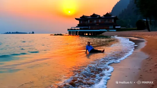 一个人躺在洱海的沙滩上，后面是客栈，海水轻微的摇晃着，夕阳下山。[推进] by Hailuo AI Video Generator