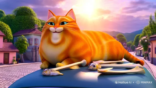 午后慵懒阳光穿透云层,金色光线温柔洒在一只圆鼓鼓的橘猫身上,它满足地躺在一辆复古老旧轿车顶上。橘猫毛色亮丽,仿佛镀上一层金辉,半眯的眼神透露出慵懒与幸福。嘴角挂着一抹鱼油,显然是刚刚享用过美食。身旁散落的鱼骨巧妙排列成循环回收符号“♻️”,展现了一种和谐共生的生活态度。背景是一幅宁静小镇的画卷,鹅卵石街道蜿蜒延伸,两旁色彩柔和的小屋宛如童话世界,远处绿树环绕,营造出一片祥和宁静的氛围。近景特写镜头聚焦于橘猫与鱼骨的亲密接触,高清细腻地捕捉每一个温馨瞬间,传达出人与自然和谐共处的美好愿景。 by Hailuo AI Video Generator