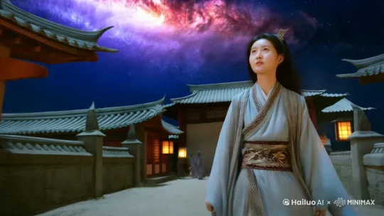 女生走在充满魔幻风格的街道上，看了一眼天空出现了五彩斑斓的银河炫影，仙侠风格，画质高 by Hailuo AI Video Generator