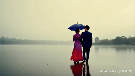 湖边 两个恋人 牵手 撑伞 下雨天 4K 浪漫 高清 全身 中式 复古 漫步 by Hailuo AI Video Generator
