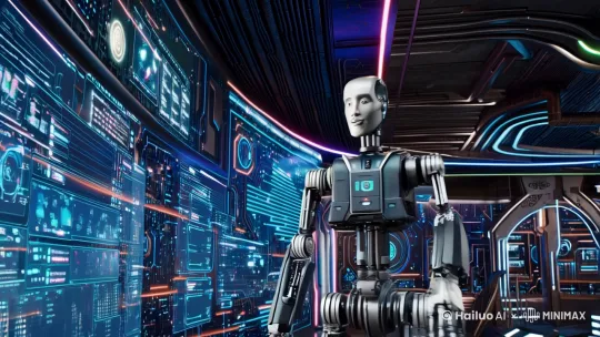 人工智能(AI)、机器学习和现代计算机技术的概念，机器人在虚拟屏幕上按按钮，三维渲染 by Hailuo AI Video Generator