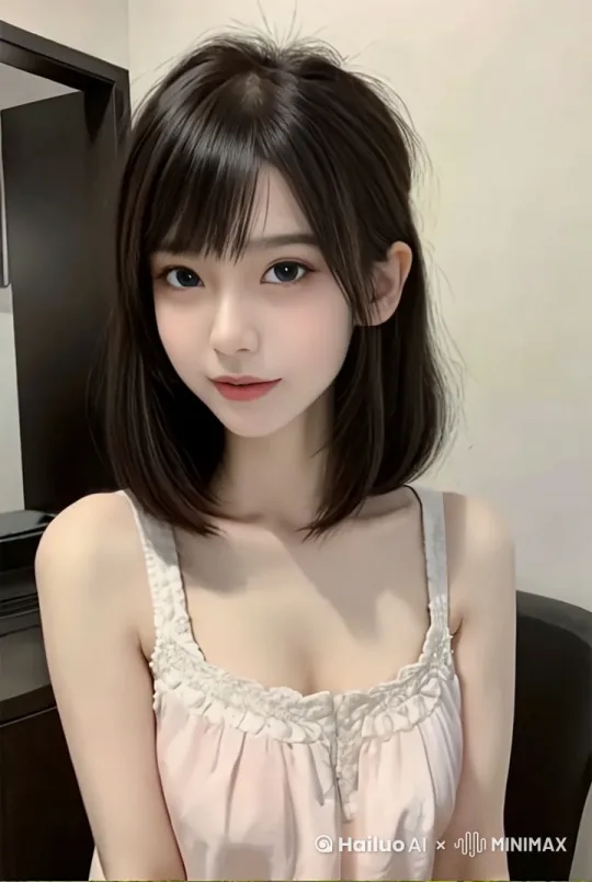妩媚而羞涩地微笑，偶尔眨眼。微风吹拂着她的秀发，发丝飞扬。电影画质。 by Hailuo AI Video Generator