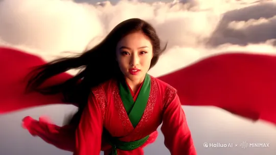 一个中国女人穿着红绿汉族，女人脸蛋黄金比例，光线柔和，从远处飞到摄像机前，脸部特写，女人在云中快速的飞行，摄像机环绕女人进行拍摄，女人长发和衣服随风飘动，最后飞向远方，多云的天空云层密布，美丽的细节天空，一轮明亮的圆月在这远方升起，仙侠电影镜头画面，史诗般的电影特效 by Hailuo AI Video Generator