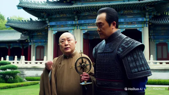 一座古风古色的府邸门前，身穿旧式军阀军装的中年男子，旁边还站着位手持罗盘，身穿道袍的中年道士，道士正向中年男子说着什么，男子认真的在倾听[左移,右摇,跟随] by Hailuo AI Video Generator