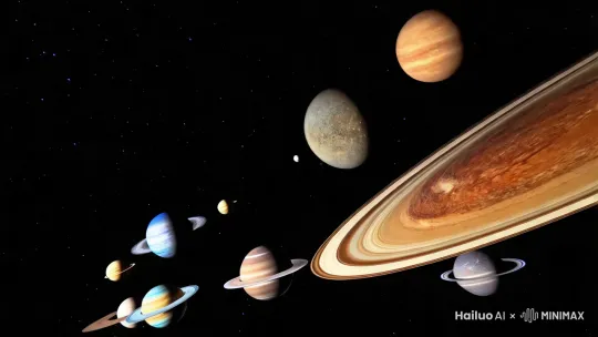 七大行星在太空排成了一条直线。 by Hailuo AI Video Generator