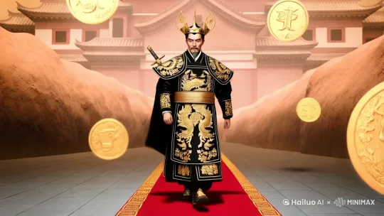 核

全身照，远景，秦始皇身着秦代玄衣纁裳制式龙袍
，玄黑底色配鎏金龙纹刺绣
，头戴十二旒冕冠
，腰佩青铜长剑。在充满现代感的T台上昂首阔步
，红色地毯与全息阿房宫投影形成时空交错感
，聚光灯下服装呈现丝绸光泽与刺绣立体感
，超高清8K画质/电影级打光/写实风格。

核心设计点：

服饰：玄衣纁裳（上衣黑/下裳红）符合秦制
，保留黑龙纹、日月星辰章纹等帝王元素
2 动态：迈步沉稳有力（参考兵马俑将军俑姿态），披风随步伐摆动产生拖影效果
环境：T台两侧悬浮秦半两货币全息投影
，背景采用渐变式青铜纹光效 by Hailuo AI Video Generator