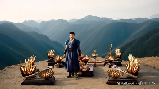 一望无际的群山,有一个修炼有成的少年正在准备渡劫,周围都是他准备好的法器。这次他显得胸有成竹,因为上一次的失败让他积累了很多经验。这时乌云压顶,显然雷劫在此刻已经形成,少年抬头望去,脚下一跺,立刻飞到空中,准备用肉身硬抗一道天劫,只见第一道天劫成紫褐色犹如蛟龙一般降下,打在少年身上发出噼噼啪啪的声响,少年嘴脸顿时龇牙咧嘴,心想一定能挺过来。 by Hailuo AI Video Generator