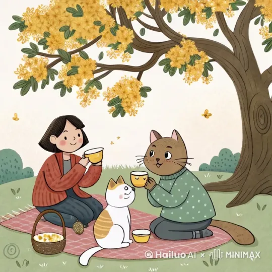 猫咪和人类围坐在一起，在桂花树下品尝桂花乌龙茶。桂花飘落，桂花树随风摆动。 茶飘着热气。 皮克斯漫画风格。 by Hailuo AI Video Generator