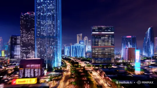 一个流动画面，城市现代社会转眼间到达未来高科技社会，空中浮现HIRRA几个字母[推进,上升] by Hailuo AI Video Generator