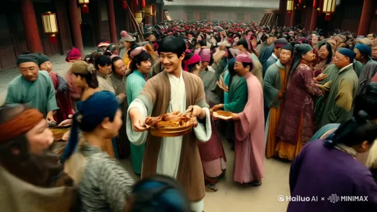 一个小伙子非常亲和的卖着烧鸡在古代唐朝，周围人群纷纷 by Hailuo AI Video Generator