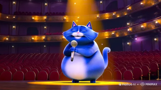 一只蓝色的胖猫拿着麦克风在台上唱歌 by Hailuo AI Video Generator
