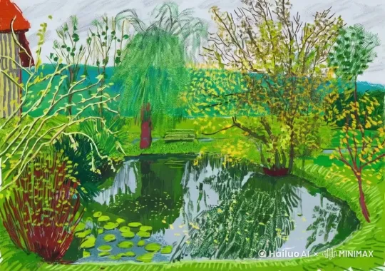 水塘里微波荡漾，泛着涟漪，风儿吹动枝丫轻轻颤动随风摇摆 by Hailuo AI Video Generator
