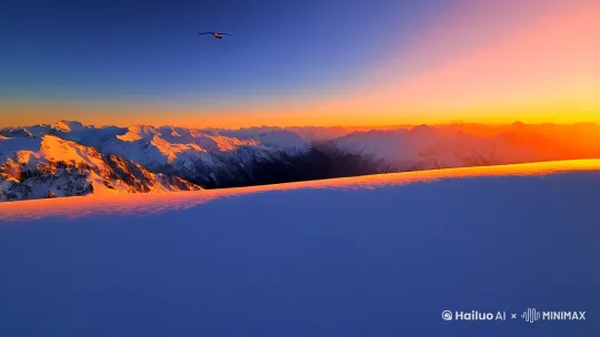 当第一缕晨曦温柔地洒落在大雪山，橘红色的暖光渐渐晕染着洁白的雪面，与湛蓝如宝石般的天空相互映衬，构成了一幅如梦似幻的绝美冬日画卷。一只雄鹰舒展着宽阔有力的双翅，在雪山之巅自在地盘旋翱翔，它的身影在阳光的勾勒下显得格外矫健，为这片壮丽的景色增添了几分灵动与生机。[跟随,上摇] by Hailuo AI Video Generator