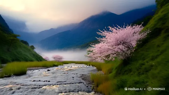 [推进,上升]晨雾未散时，山谷像被蒙在一层银纱里。远处黛青色的山脊若隐若现，仿佛被风揉皱的水墨画，山腰间斜斜探出几株野樱，淡粉色的花瓣正簌簌跌进溪流。溪水裹着落花撞在卵石上，溅起的水珠在初阳下凝成细小虹桥，惊醒了伏在芦苇丛中的白鹭。潮湿的泥土蒸腾出蕨类植物的腥涩，混着崖壁上金银花的清甜，在空气中织成看不见的网。忽然有风掠过，整片杉木林便簌簌摇响千万枚青铜币般的叶子，惊起一群闪着金属蓝光的凤尾蝶，它们翅膀上抖落的磷粉，在光束里化作浮动的星尘。 by Hailuo AI Video Generator