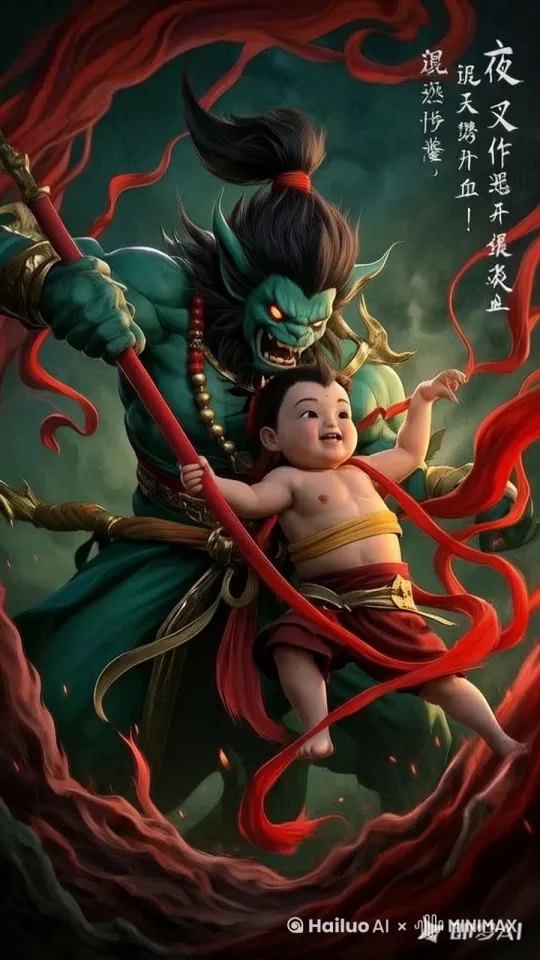 夜叉抓走孩童，哪吒怒目甩出混天绫 | "夜叉作恶掳童，混天绫荡开血浪！" | 暗绿色夜叉狰狞表情/被捆孩童挣扎/红绫如火焰舞动 | 布料物理模拟/慢动作特写 | by Hailuo AI Video Generator