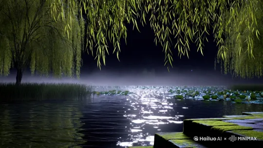 夜色如墨晕染天际，碎银般的月光被揉碎在粼粼波纹中，湖面漾起层层珐琅质的光晕。晚风携着睡莲暗香掠过堤岸，垂柳绾起青丝在氤氲水汽中翩跹，每片舒展的新叶都承着月华流转。忽而蝉鸣自芦苇深处浮起，拖着丝绸质地的颤音滑过水面，惊起半阙涟漪，又悄然跌进苔痕斑驳的石阶缝里，徒留几缕潮湿的凉意悬在颤动的柳梢头 by Hailuo AI Video Generator