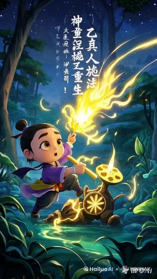 莲藕化身重生，风火轮划破长空 | "太乙真人施法，神童涅槃重生！" | 发光的莲藕骨架/重组身体过程/眼中金光迸射 | 生长动画/光效轨迹 | by Hailuo AI Video Generator