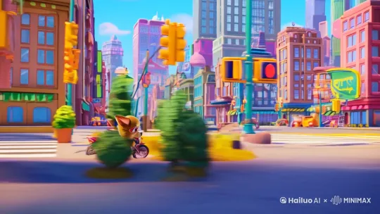 [左移,上升]小狗在城市中骑摩托车 by Hailuo AI Video Generator