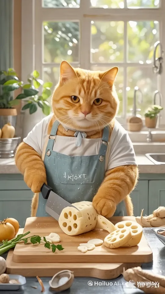 橘猫拿着到切莲藕的连续动作，表情非常开心，嘴巴在笑。镜头环绕人物的运镜。主体动态呈现，动作自然流畅，环境光，符合逻辑，极致细节，镜头跟拍，超真实动态捕捉，人物脸部不变形，清晰自然，不模糊，高质量，没有瑕疵 by Hailuo AI Video Generator