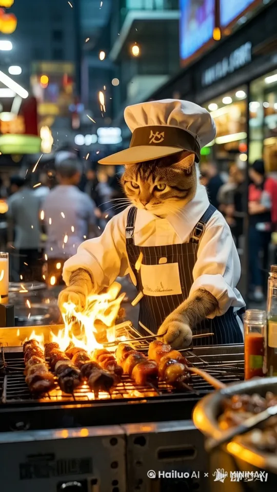 猫咪认真的在烧烤中，两只手时不时的翻转烤串，一会儿又加点 酱料 还时不时的对着顾客微笑 by Hailuo AI Video Generator