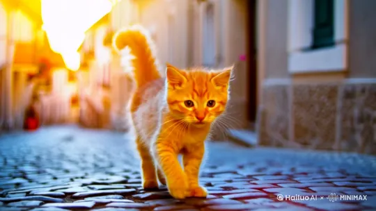 Ultra HD, 8-second close-up shot, 60fps, cinematic lighting. A fluffy orange tabby kitten running energetically on a sunlit cobblestone path in a European village. Dynamic low-angle tracking shot following the kitten's movement, soft bokeh background by Hailuo AI Video Generator