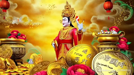 金袍红带的传统财神形象，手持金元宝和"招财进宝"卷轴18
堆叠如山的金元宝/银锭，表面雕刻"福禄寿喜"字样，泛着金属光泽35
背景飘落铜钱雨，搭配祥云、锦鲤、牡丹花纹等吉祥图案25
动态细节
财神作揖递出元宝的动作，元宝周围环绕金色粒子特效89
聚宝盆溢出金银珠宝，地面铺满旋转的古钱币23
加入动态元素：灯笼飘带飞扬、香炉青烟袅绕15
色彩风格
暖金色为主色调，辅以朱红、翡翠绿等传统配色
可选择国潮插画风格或3D写实渲染59
吉祥寓意扩展
文字组合
主标语："财神送宝 金银满仓" / "元宝聚福 财源广进"35
辅助文案："左手捧金 右手揽银，日进斗金 时运亨通"28
象征搭配
加入摇钱树（枝叶挂满元宝）、如意、宝瓶等道具25
背景融入山水元素，取"背山面水 藏风聚气"风水意象 by Hailuo AI Video Generator