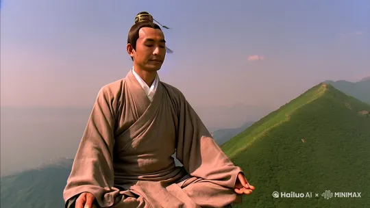 [推进]一位身着朴素道袍的道士在山顶静坐冥想，他的表情平静，周围的风吹动着他的衣角，但他却纹丝不动，仿佛与天地融为一体，[拉远]远处有平静的湖泊，湖水如镜，倒映着天空、山峰和周围的树木，湖面上偶尔有几片落叶飘落，泛起微微的涟漪。 by Hailuo AI Video Generator