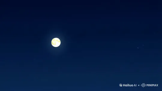 生成的视频画面应该呈现出在夜晚，[变焦拉远][下降]弯钩是的月亮[变焦推进]一位将军在夜晚思考何时能给[跟随]他的马带上金络头，整个画面呈现出自然写实的风格。 by Hailuo AI Video Generator