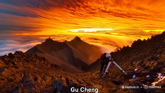 夕阳悬在锯齿状的山脊线上，将整片天空搅成沸腾的熔金。摄影师顾城的登山靴碾过粗粝的玄武岩，三脚架的金属脚钉与石块碰撞出细碎火花，他像一只攀附在岩壁上的甲虫，终于在最后一道光斑消逝前抵达制高点。

防风外套的兜帽被烈风灌满，鼓成苍白的帆，他却在镜片后眯起眼睛笑——远处的云层正被阳光雕刻出深浅不一的金箔纹，黛青色的山影如同浸泡在水彩中的剪影。跪地搭建三脚架时，指腹触到岩石缝隙里残留的积雪，凉意顺着腕表金属扣爬上小臂，而镜头里的世界却在升温：绯红与橙黄在传感器上流淌，像是远古熔岩漫过火山口。

手指悬在快门线上方，等待着。远山脊线突然掠过一群藏鹫，翅尖挑破光雾的刹那，他连续按下五次快门，碳纤维云台发出细微的震颤。地平线开始吞噬太阳，光流在尼康Z9的取景器里坍缩成一道颤抖的弧，山风裹挟着冷杉与松脂的腥甜扑向镜头，UV镜瞬间蒙上细密水雾。

“还有二十秒。”喉结滚动着咽下山岚的寒凉，他扯下手套，指节因低温泛起青白，电子快门声却越发急促，像末日前虔诚的计数。当最后一丝金线被暮色吞没，他低头查看液晶屏，反光里映出自己睫毛上凝结的细小冰晶，以及远处城市初绽的灯火——那星子般的光斑正沿着山体褶皱蜿蜒，成为新一卷胶片上跳动的光脉。

山风骤起时，防风绳拉扯三脚架发出筝弦般的嗡鸣。他蜷在岩缝里回放拍摄成果，充电宝的蓝光映亮了下巴新冒的胡茬，背包侧袋的保温杯倾泻出一缕白汽，很快被暮色舔尽。云层之上，第一颗卫星划过穹顶，而他的瞳孔里还残留着传感器读取数据时的绿色幽光，像极了正在复活的星辰。 by Hailuo AI Video Generator