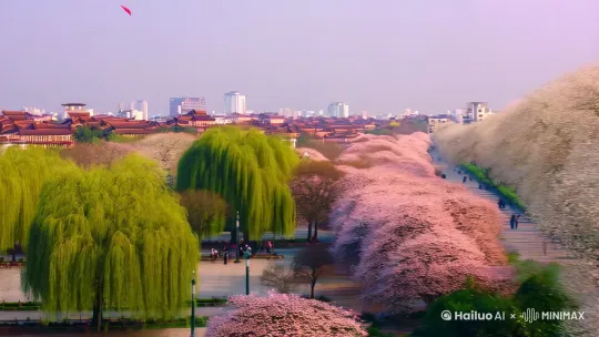 因此，这个场景可以被描述为[右摇,变焦推进]暮春时节的长安城，[拉远]到处都是柳树和桃花树，[跟随,右移]柳絮和桃花飘舞着。通过移动镜头的方式，展现出长安城内各处柳树和樱花树的景象，以及它们随风飘舞的样子。整个画面采用柔和的色彩和轻盈的音乐，表现出暮春时节的美好和浪漫，同时通过飘舞的柳絮和樱花，表现出季节变迁的美丽和短暂。 by Hailuo AI Video Generator