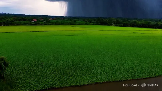 夏天狂风暴雨，走在乡间小道上，看到农作物，树木都在接受雨水的洗礼 ，池塘里荷花开放，水面泛着涟漪，蝉声，青蛙叫声连成一片 by Hailuo AI Video Generator