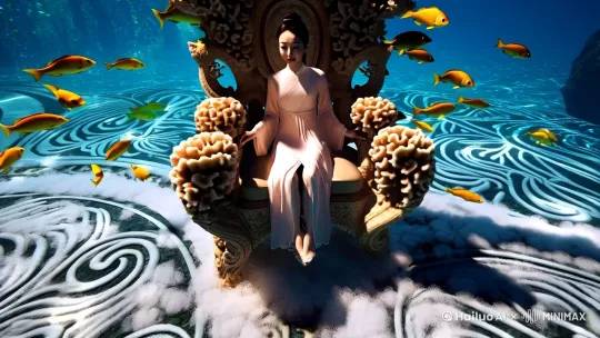A breathtaking fusion of Eastern and Western aesthetics: A Tang dynasty-style beauty, sitting on a Baroque-style coral throne emerging from azure waves, schools of golden koi fish and mediterranean parrotfish swimming around her ankles, art nouveau swirling patterns in the seafoam, cinematic chiaroscuro lighting with bioluminescent plankton glow, in the style by Hailuo AI Video Generator