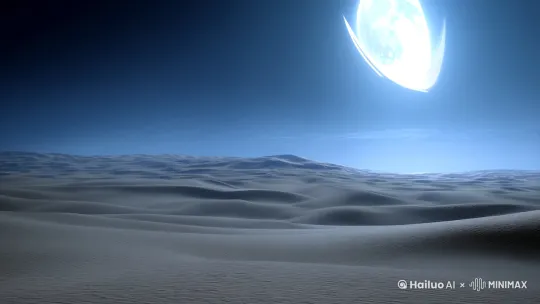 主要表现物：将军（男士）
场景空间：夜晚的空旷荒凉的沙漠
运动/变化：将军思考
镜头运动：通过变焦推进的方式，展现出中国古代将军的思考过程，并通过下降和推进的方式，呈现出月亮的变化和将军行走的方向。
美感氛围：使用冷色调和明亮的月光，表现出夜晚的神秘和宁静，同时通过将军身上的铠甲和他思考的内容，表现出他的决心和勇气。

因此，这个场景可以被描述为[右摇,变焦推进]一个夜晚的空旷荒凉的沙漠，[变焦推进]弯钩似的月亮，[下降,上摇][左摇,变焦推进]一位身穿铠甲的将军（男士）正在思考。通过变焦推进的方式，展现出将军的思考过程，并通过下降和推进的方式，呈现出月亮的变化和将军行走的方向。整个画面采用冷色调和明亮的月光，表现出夜晚的神秘和宁静，同时通过将军身上的铠甲和他思考的内容，表现出他的决心和勇气。 by Hailuo AI Video Generator