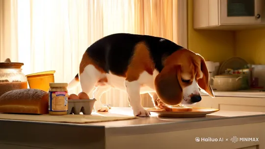 胖胖的比格犬在做早饭分钟左右 by Hailuo AI Video Generator