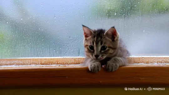 画面：木窗台边沿凝结着雨珠，灰纹小猫前爪搭着玻璃，鼻尖在雾气上压出小梅花。突然振翅的麻雀倒影在玻璃上划过，小猫耳朵一抖向后仰倒，尾巴蓬成绒球，后爪还勾着半片被扯破的枯叶。 by Hailuo AI Video Generator