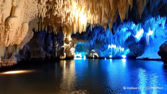 溶洞奇观
钟乳石柱泛着幽蓝生物光，地下河倒影扭曲石笋，水滴落潭声空灵回响。 by Hailuo AI Video Generator
