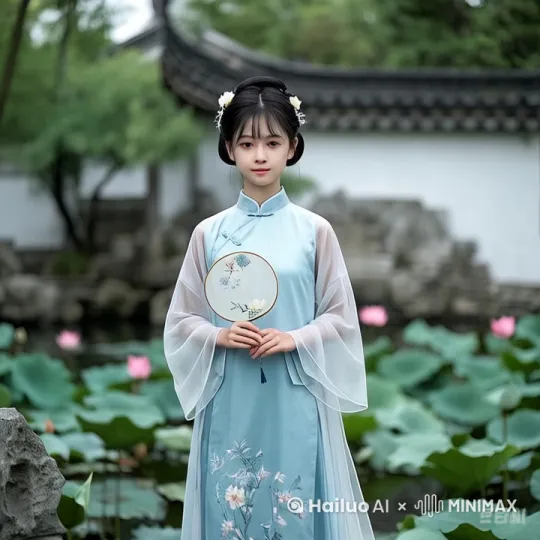 阳光轻柔地洒落在江南古典园林,一位年轻女孩亭亭玉立在荷花池边。她身着天青色刺绣旗袍裙,细腻的针法勾勒出灵动的花鸟图案,外搭的月白色薄纱长衫随风轻扬。女孩梳着精致的新中式盘发,几缕发丝垂落在白皙的脸颊旁。她手持团扇,扇面上绘着淡雅的兰花。镜头从园林的月洞门缓缓推进,聚焦在女孩身上。女孩轻移莲步,沿着池边漫步,团扇不时轻摇,偶尔驻足欣赏池中的荷花。接着,镜头切换至侧面,捕捉女孩微微侧身,用团扇半遮面的娇羞姿态。随后,镜头拉远,以全景展示女孩与整个水墨画风的园林背景融为一体,池中的荷花与她相互映衬。画面始终保持 4K 细节,柔和的光线均匀渲染,营造出如梦如幻的氛围。 by Hailuo AI Video Generator