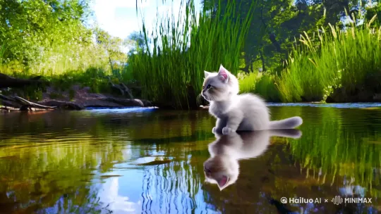 一只小猫咪在河边钓鱼。 by Hailuo AI Video Generator