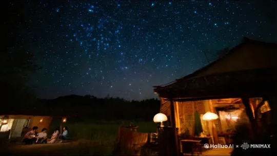 小时候的夜晚，家里总是笼罩在温馨的氛围中。 那时候的天空，星星总是特别的多，特别的亮。（题材为我国90年代农村晚上夜景） by Hailuo AI Video Generator