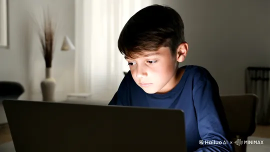 [左移,右摇,跟随]一个男孩在房间里坐在椅子上看着开机的笔记本电脑 by Hailuo AI Video Generator