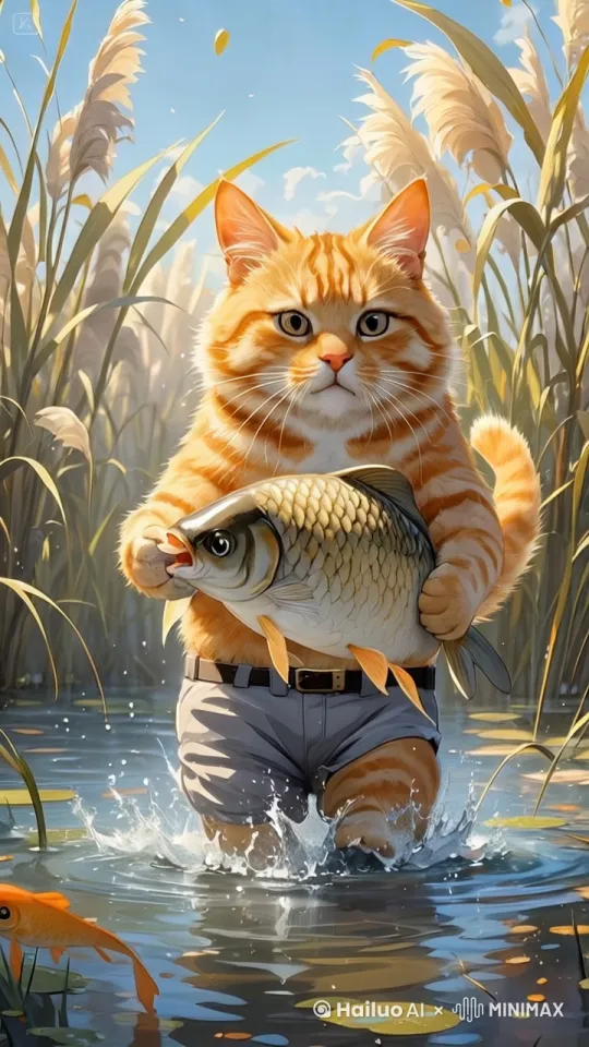 一只大橘猫和大鲤鱼在水里打斗场景。大鲤鱼在大橘猫手中掉落水里面，大橘拼命在水里抓大鲤鱼，场面混乱搞笑 by Hailuo AI Video Generator